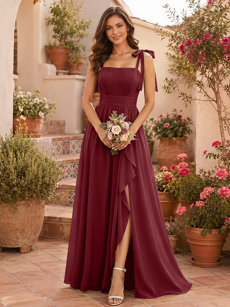 Chiffon A-Line Square Neck Long Bridesmaid Dresses with Slit