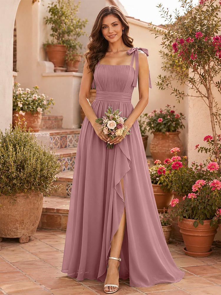 Chiffon A-Line Square Neck Long Bridesmaid Dresses with Slit