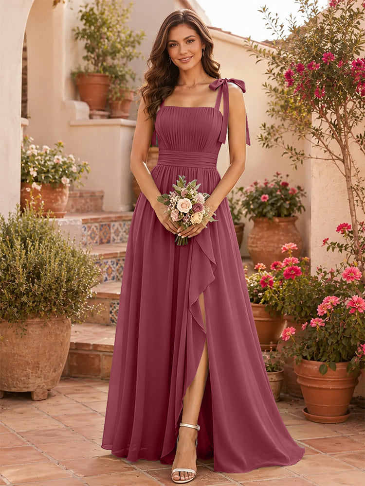 Chiffon A-Line Square Neck Long Bridesmaid Dresses with Slit