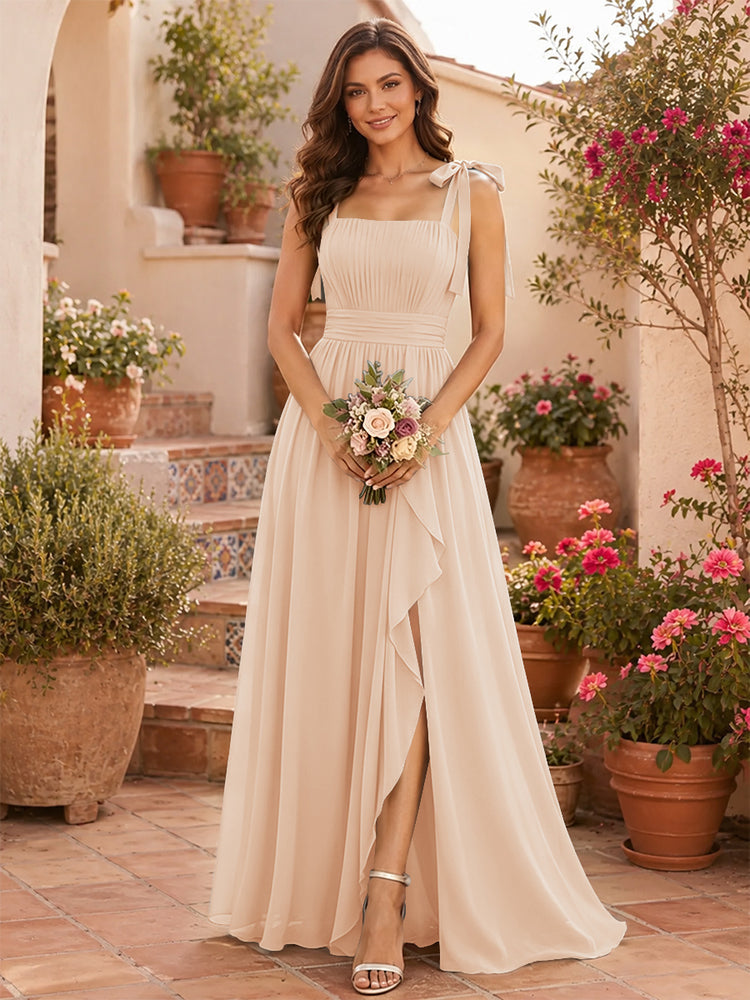 Chiffon A-Line Square Neck Long Bridesmaid Dresses with Slit