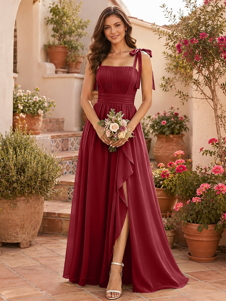 Chiffon A-Line Square Neck Long Bridesmaid Dresses with Slit
