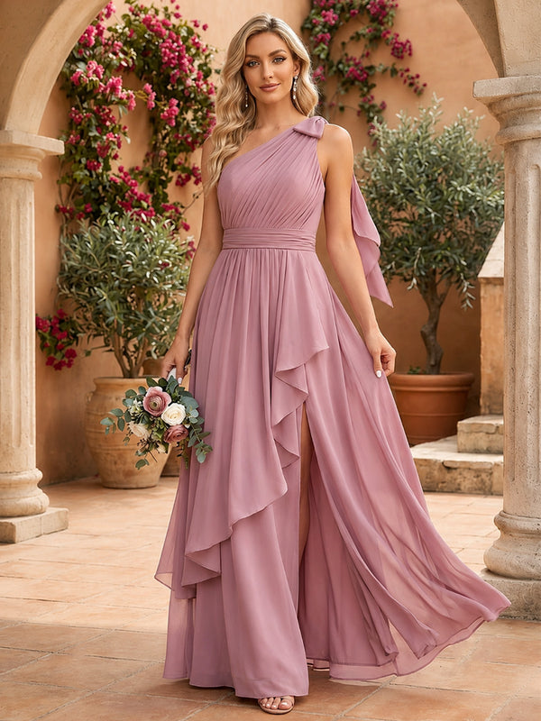 Chiffon A-Line One Shoulder Long Bridesmaid Dresses with Ruffles