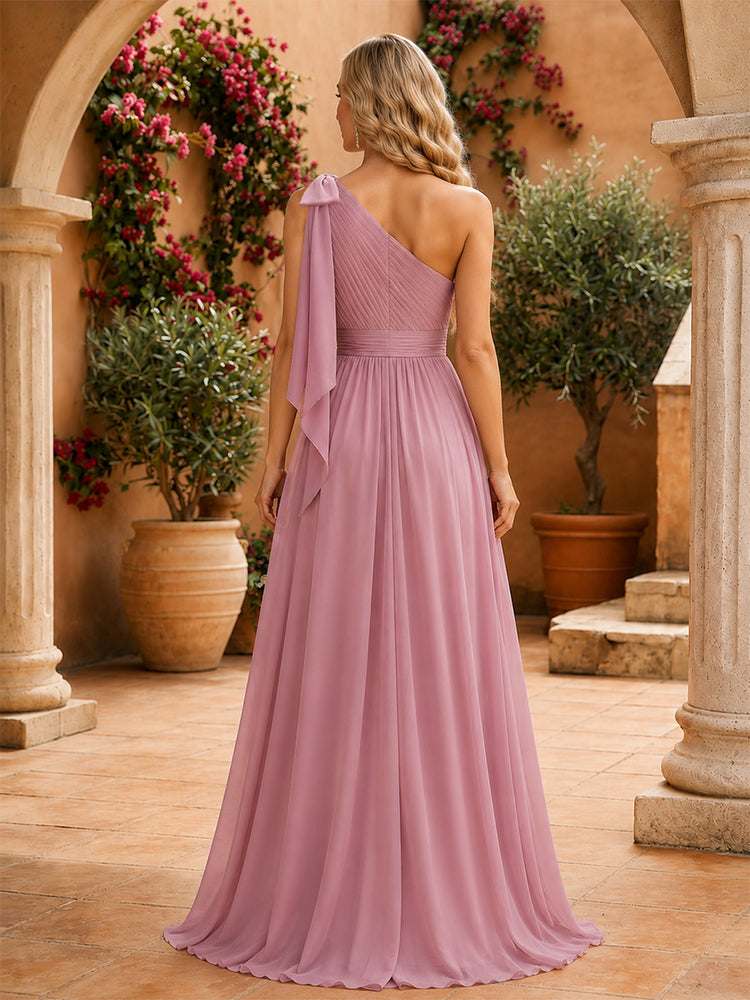Chiffon A-Line One Shoulder Long Bridesmaid Dresses with Ruffles
