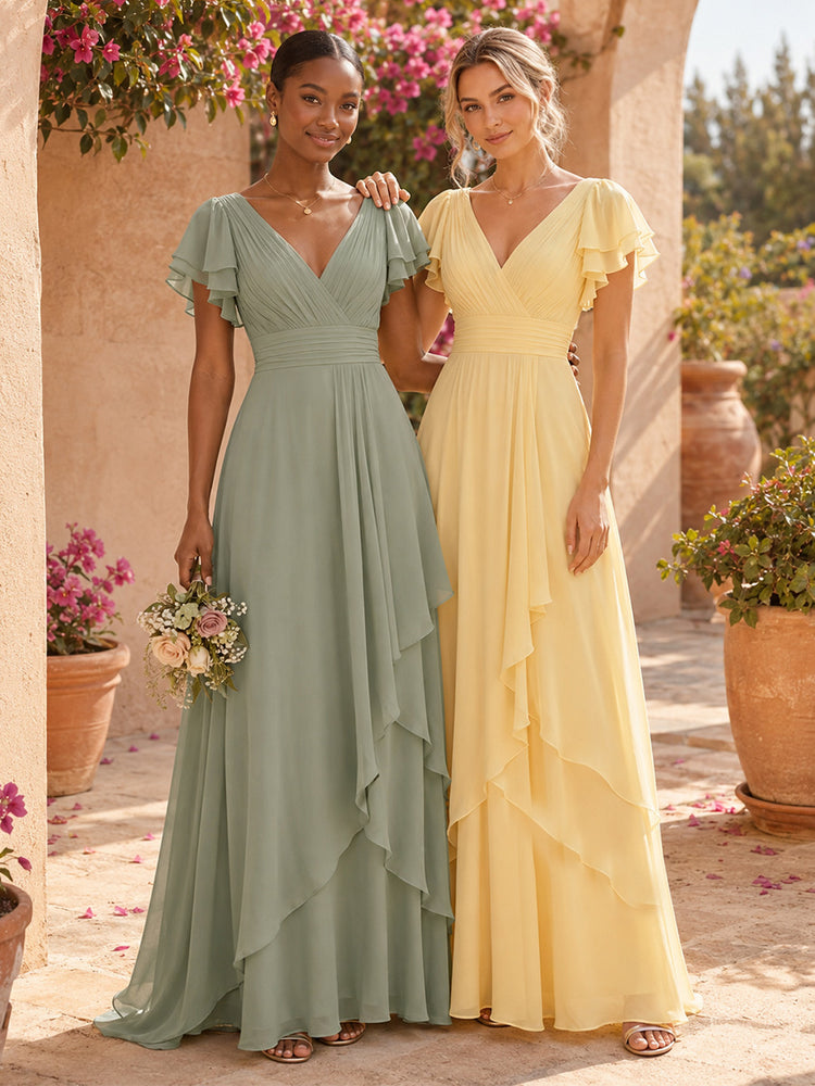 Chiffon A-Line V Neck Long Bridesmaid Dresses with Ruffles