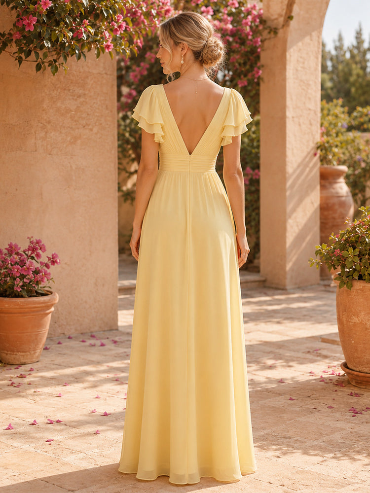 Chiffon A-Line V Neck Long Bridesmaid Dresses with Ruffles