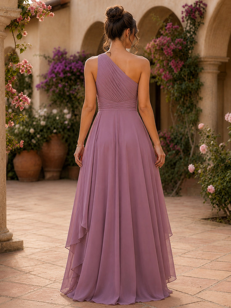 Chiffon A-Line One Shoulder Long Bridesmaid Dresses with Ruffles