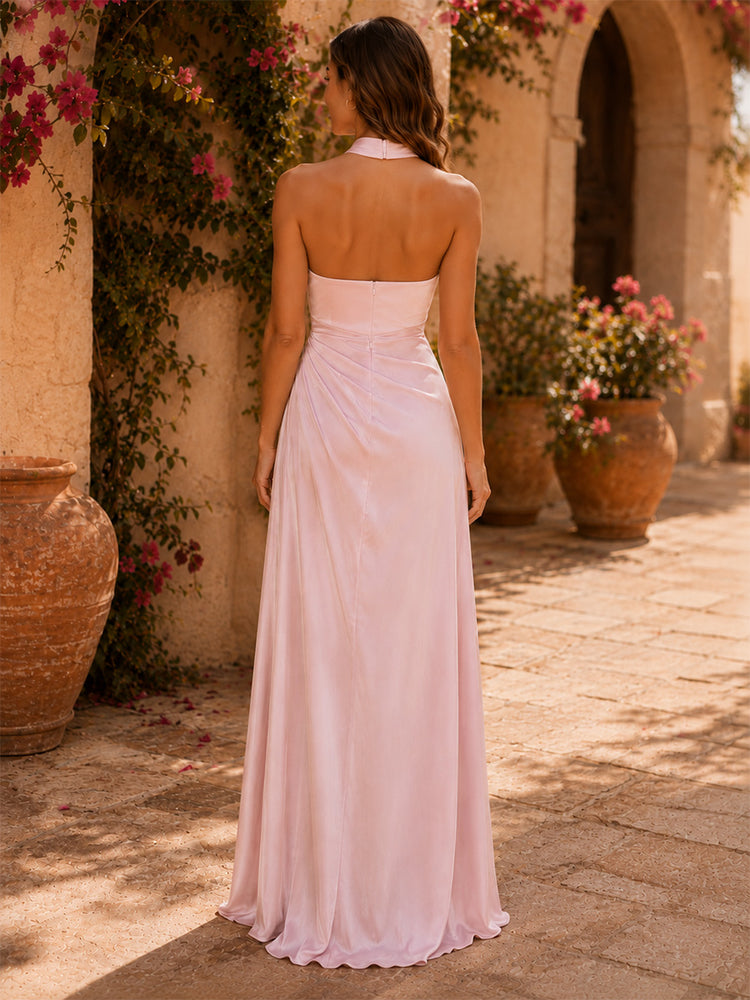 Satin Mermaid Halter Long Bridesmaid Dresses with Slit