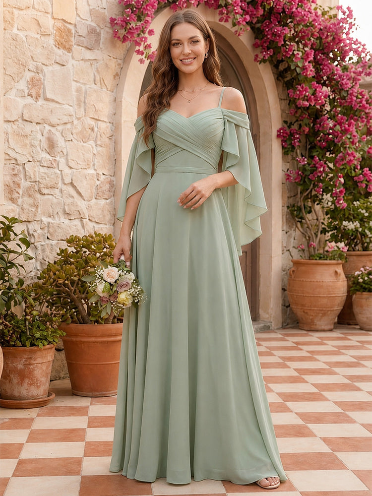 Chiffon A-Line Off the Shoulder Long Bridesmaid Dresses with Pleated
