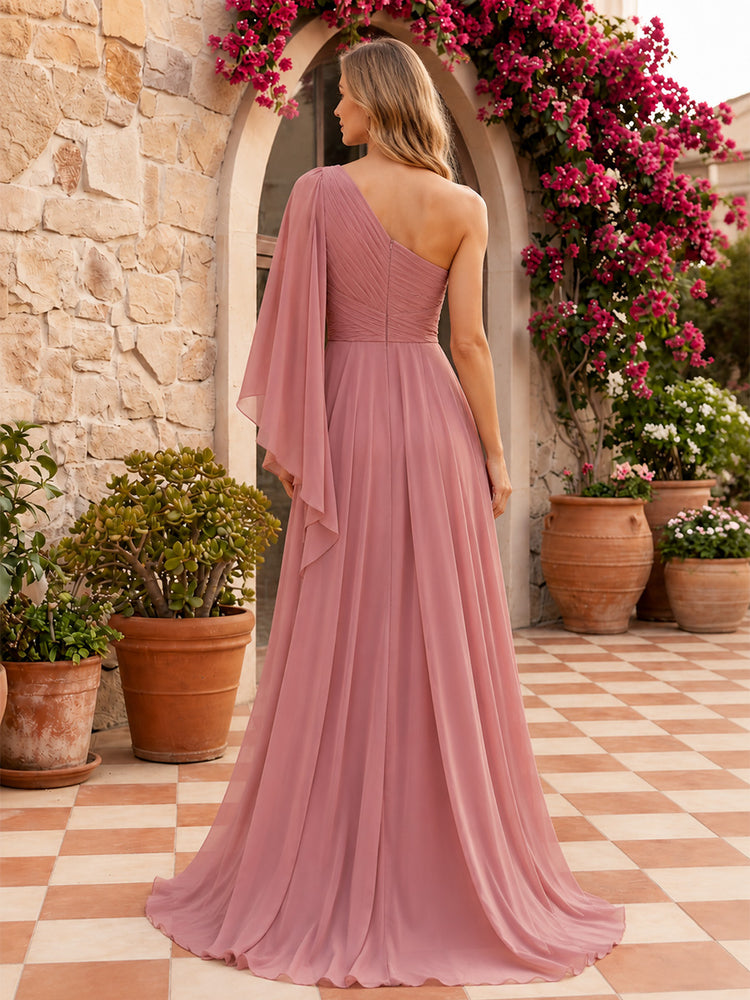 Chiffon A-Line One Shoulder Long Bridesmaid Dresses with Pleated