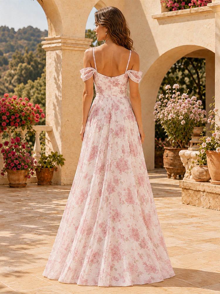 Chiffon Floral A-Line Off the Shoulder Long Bridesmaid Dresses with Slit