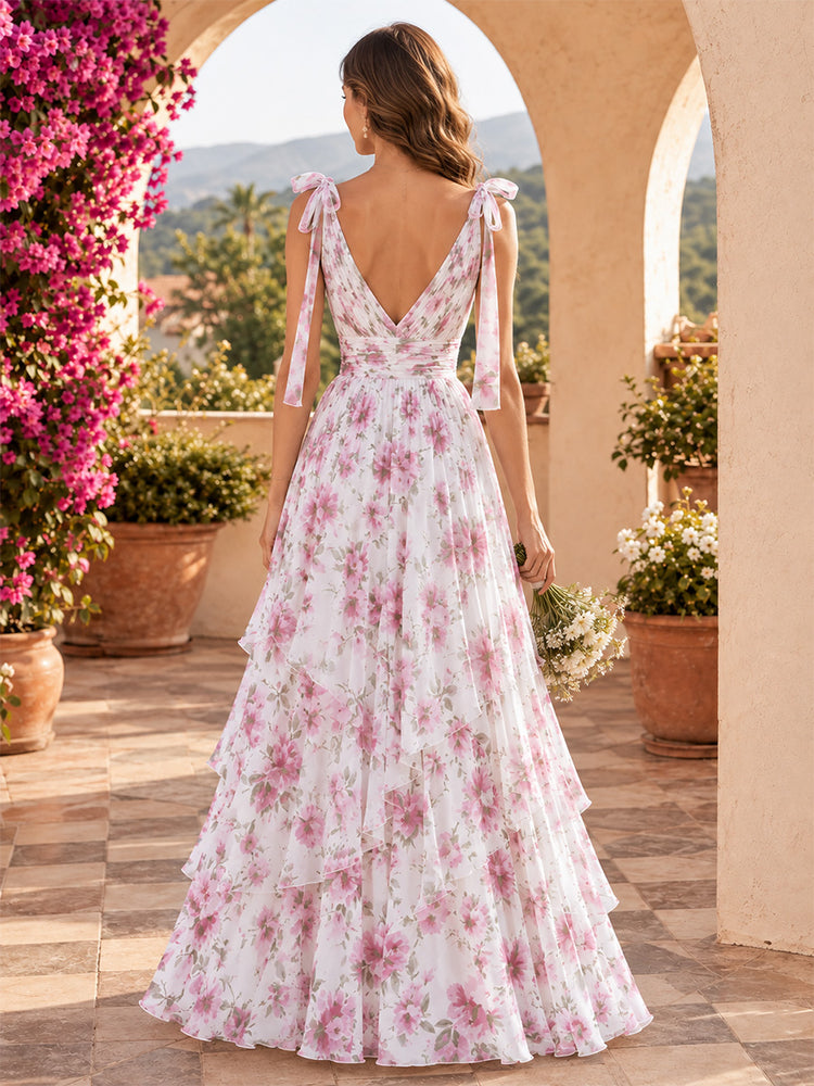 Chiffon Floral A-Line Spaghetti Straps Long Bridesmaid Dresses with Ruffles