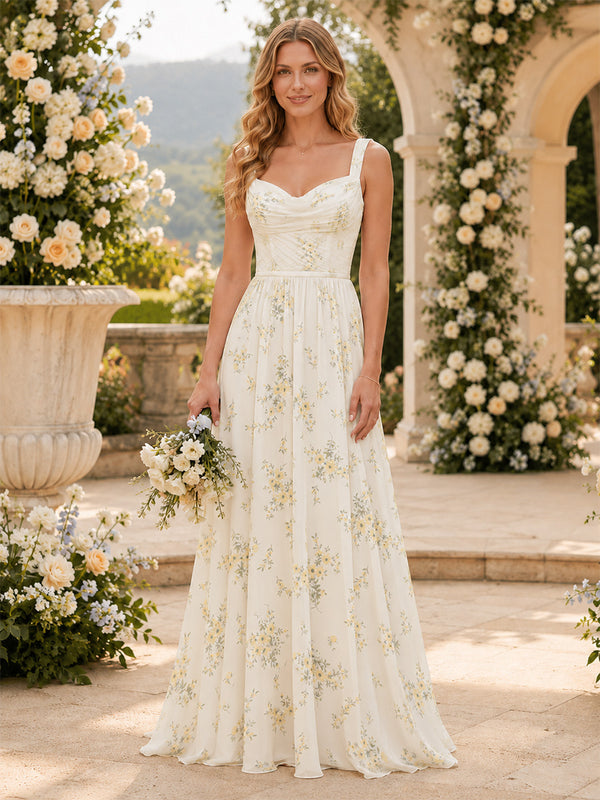 Chiffon Floral A-Line Spaghetti Straps Long Bridesmaid Dresses with Pleated