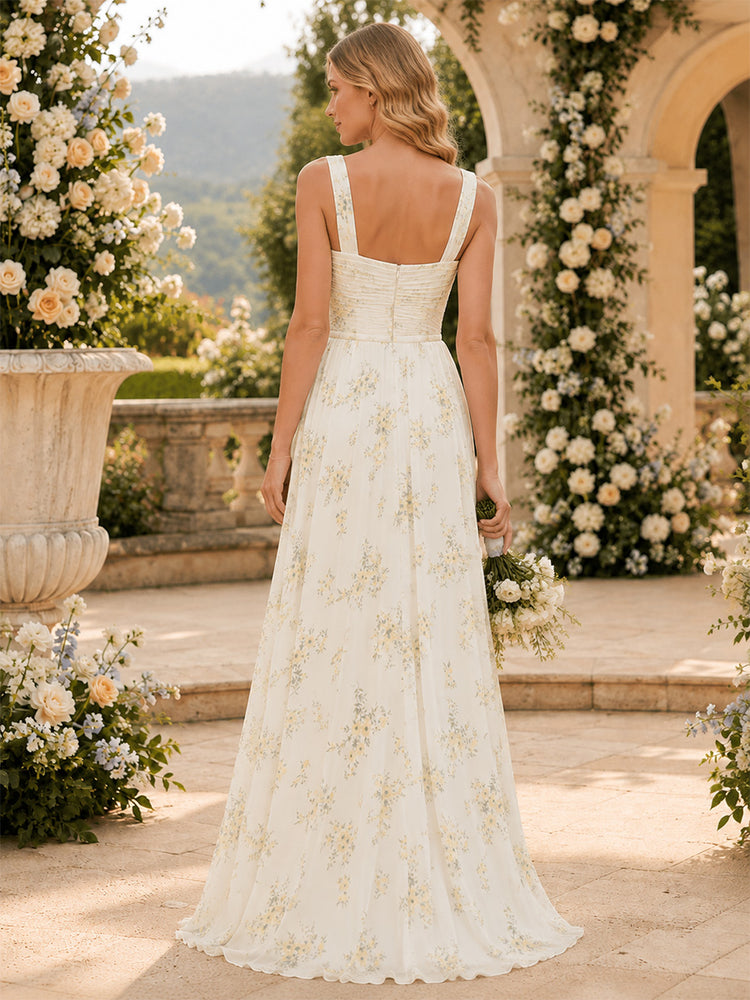 Chiffon Floral A-Line Spaghetti Straps Long Bridesmaid Dresses with Pleated