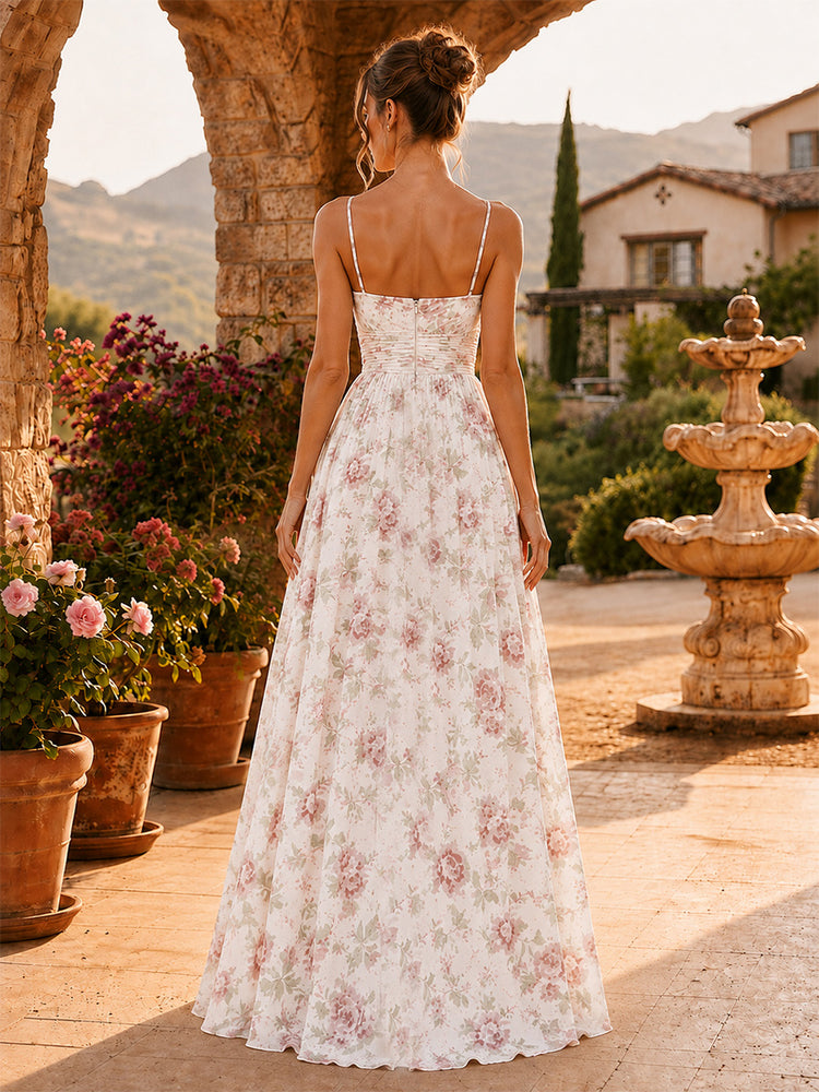 Chiffon Floral A-Line Spaghetti Straps Long Bridesmaid Dresses with Pleated