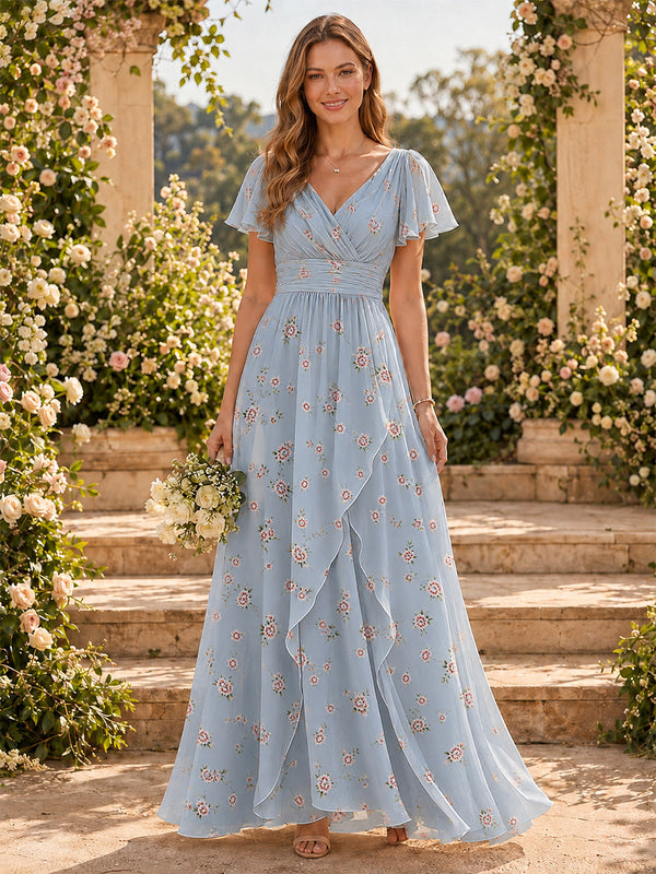 Chiffon Floral A-Line V Neck Long Bridesmaid Dresses with Ruffles