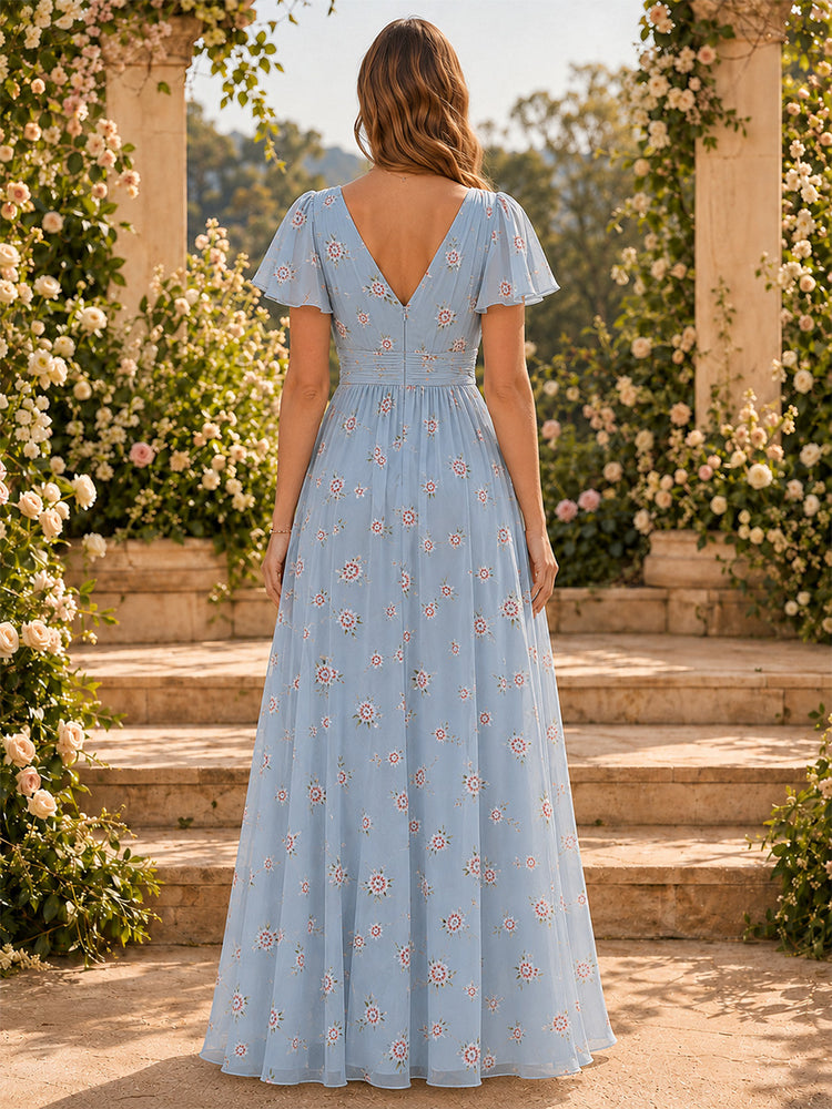 Chiffon Floral A-Line V Neck Long Bridesmaid Dresses with Ruffles