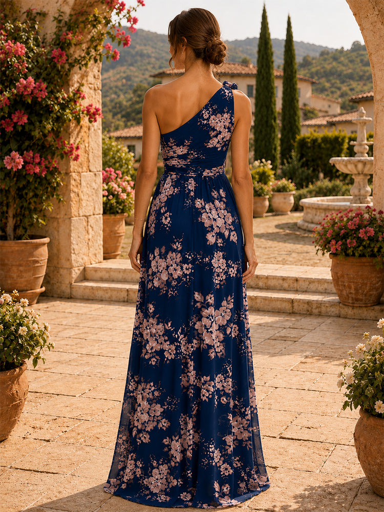 Floral Mermaid One Shoulder Long Bridesmaid Dresses with Pleated