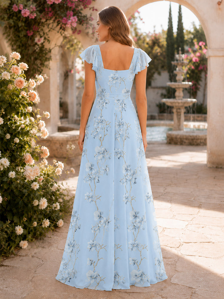 Chiffon Floral Mermaid Square Neck Long Bridesmaid Dresses with Slit