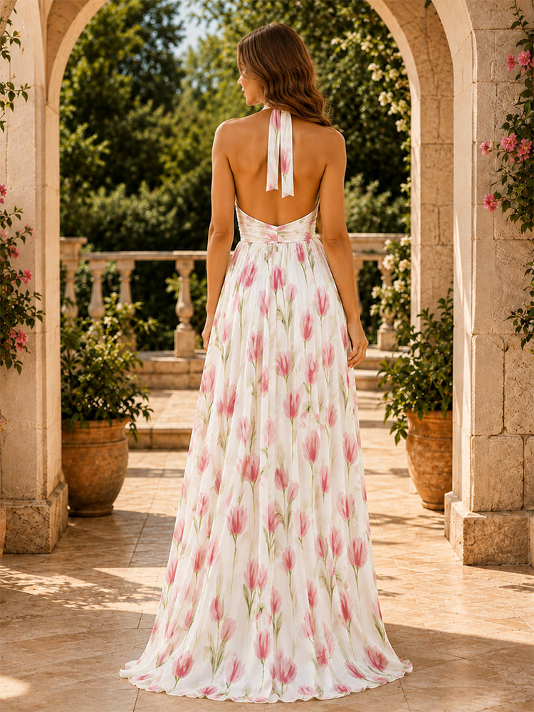 Chiffon Floral A-Line Halter Long Bridesmaid Dresses with Slit