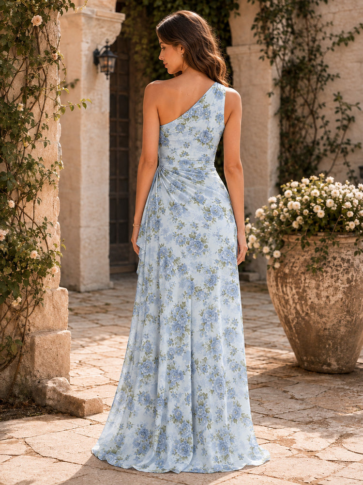 Chiffon Floral Mermaid One Shoulder Long Bridesmaid Dresses with Slit