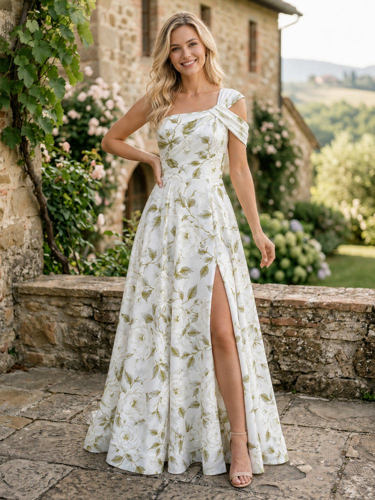 Chiffon Floral A-Line One Shoulder Long Bridesmaid Dresses with Slit
