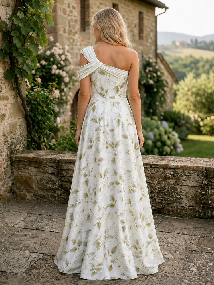 Chiffon Floral A-Line One Shoulder Long Bridesmaid Dresses with Slit
