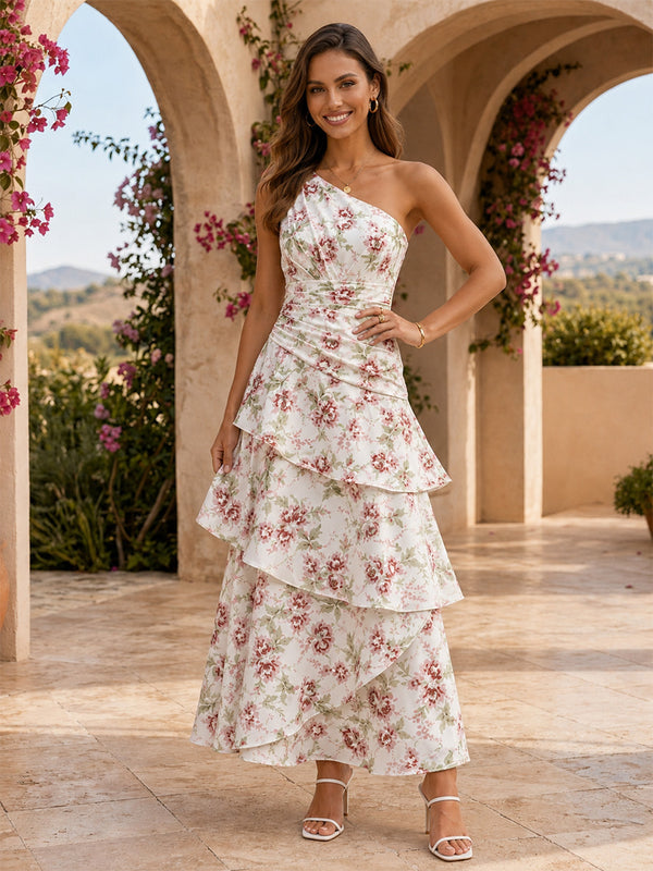 Chiffon Floral Mermaid One Shoulder Long Bridesmaid Dresses with Tiered