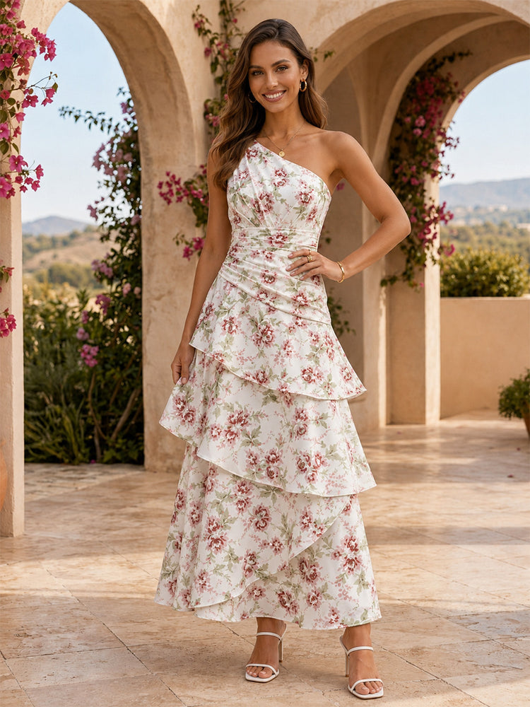 Chiffon Floral Mermaid One Shoulder Long Bridesmaid Dresses with Tiered