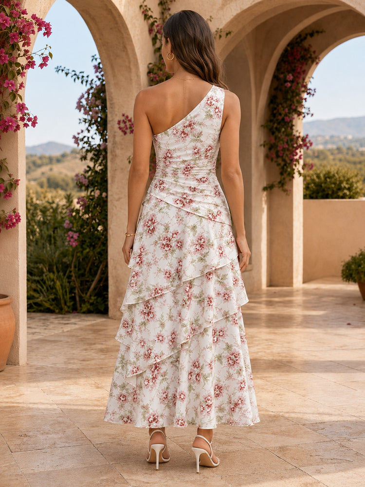 Chiffon Floral Mermaid One Shoulder Long Bridesmaid Dresses with Tiered