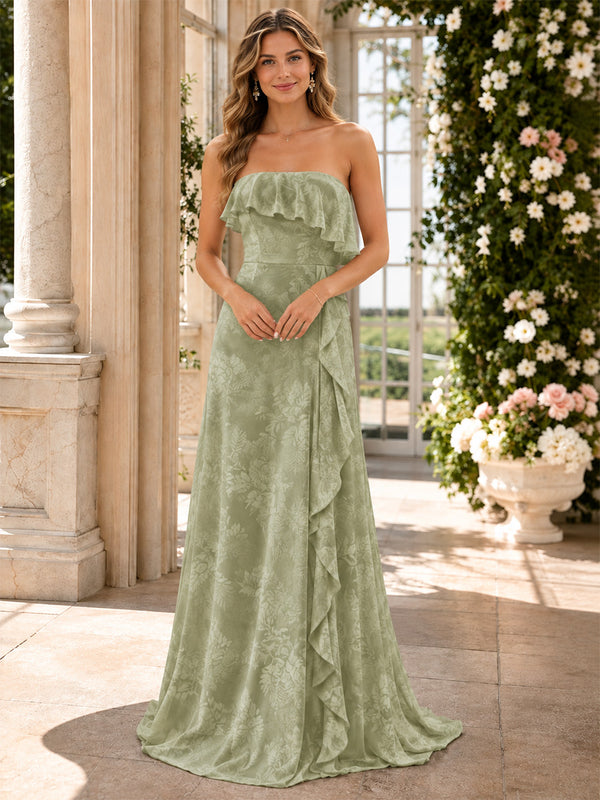 Chiffon Floral Mermaid Strapless Long Bridesmaid Dresses with Ruffles