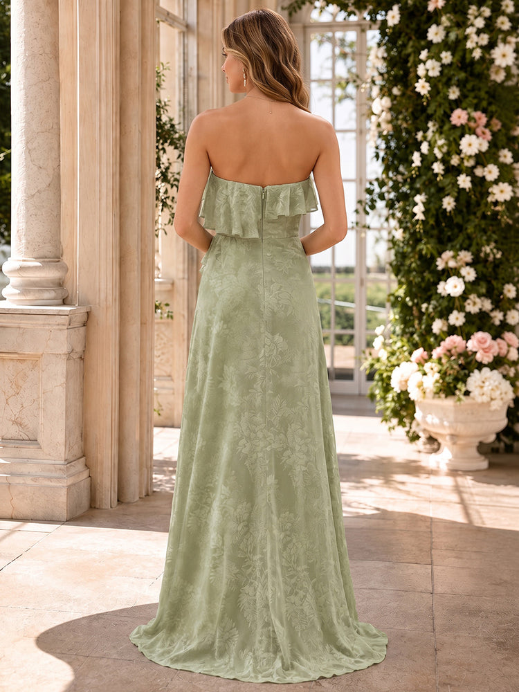 Chiffon Floral Mermaid Strapless Long Bridesmaid Dresses with Ruffles