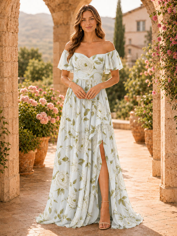 Chiffon Floral A-Line Off the Shoulder Long Bridesmaid Dresses with Ruffles