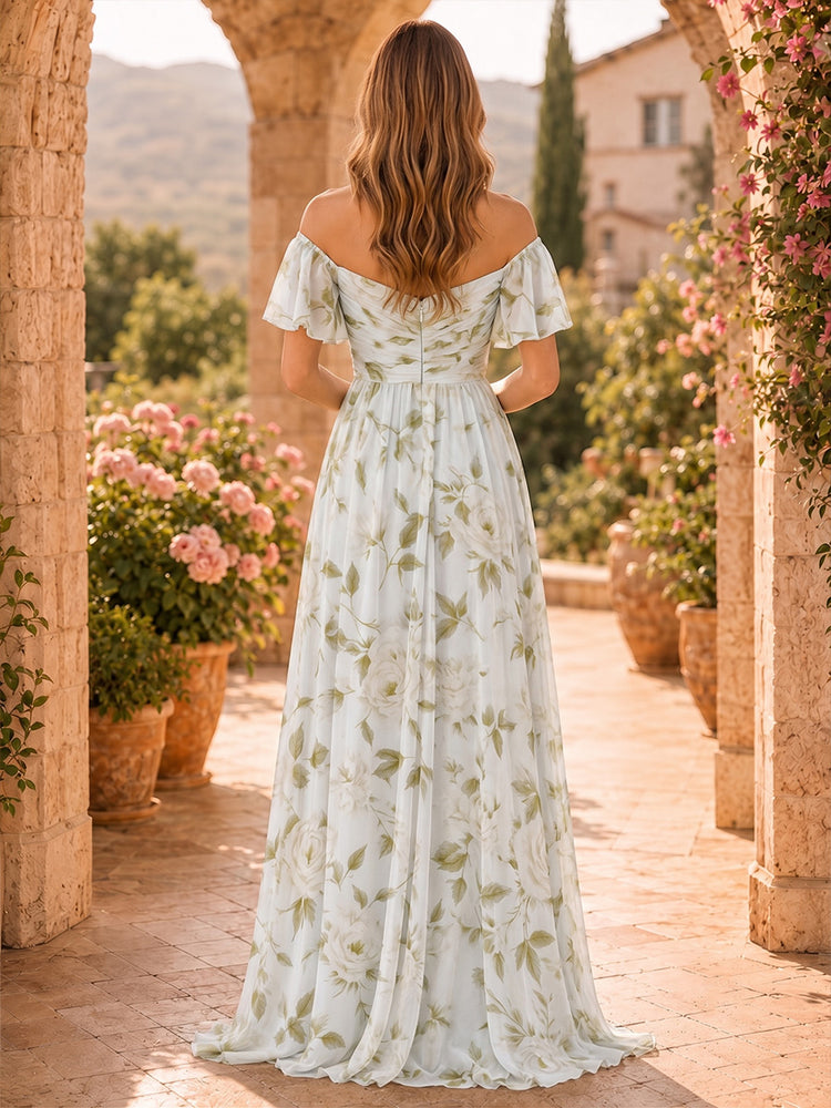 Chiffon Floral A-Line Off the Shoulder Long Bridesmaid Dresses with Ruffles