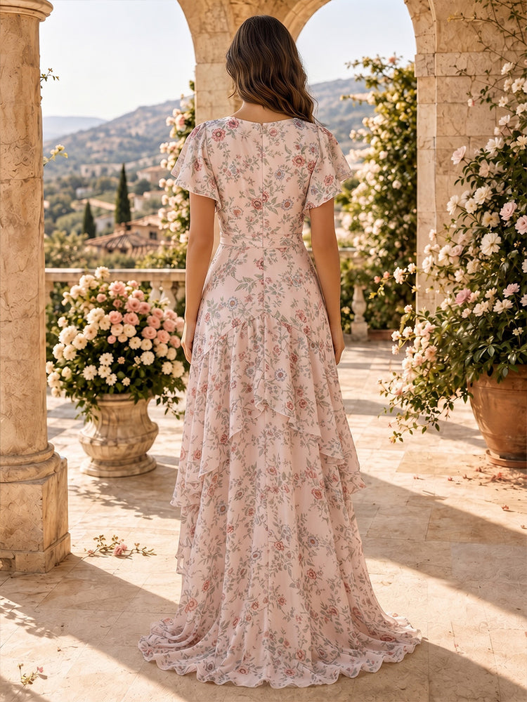 Chiffon Floral Mermaid V Neck Long Bridesmaid Dresses with Slit
