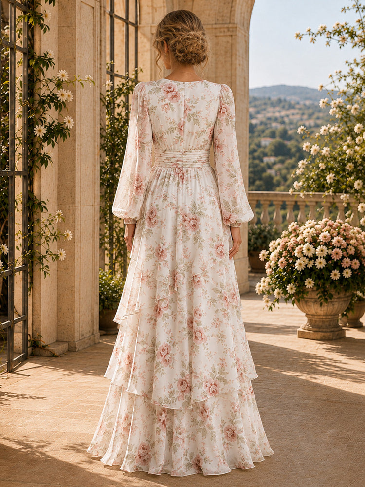 Chiffon Floral A-Line V Neck Long Bridesmaid Dresses with Tiered