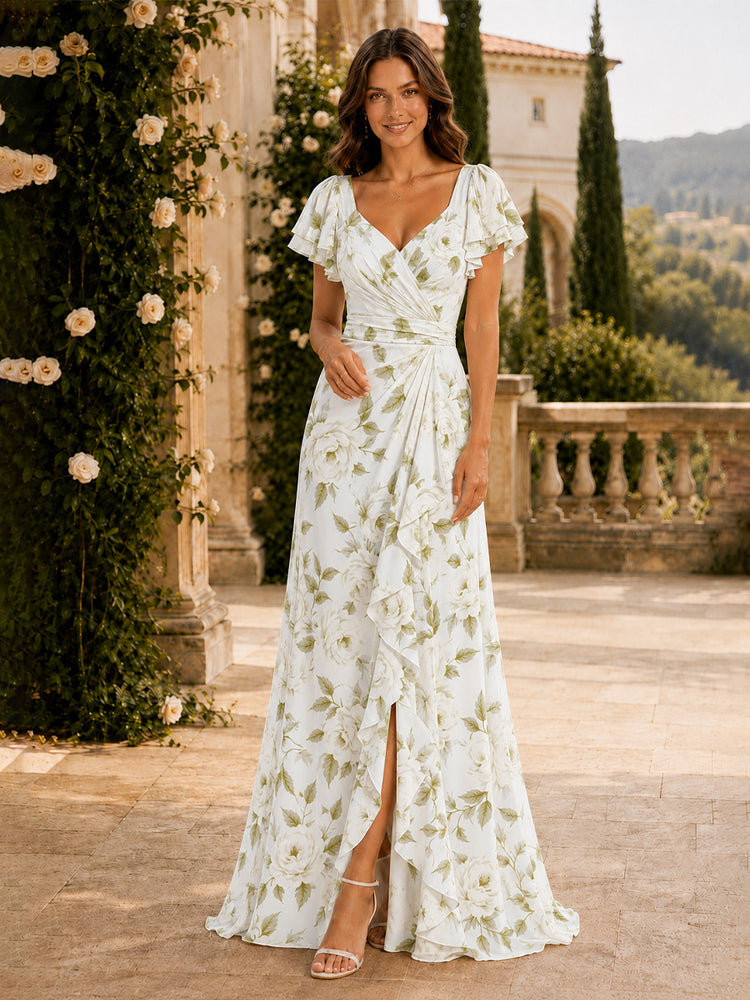 Chiffon Floral Mermaid V Neck Long Bridesmaid Dresses with Pleated