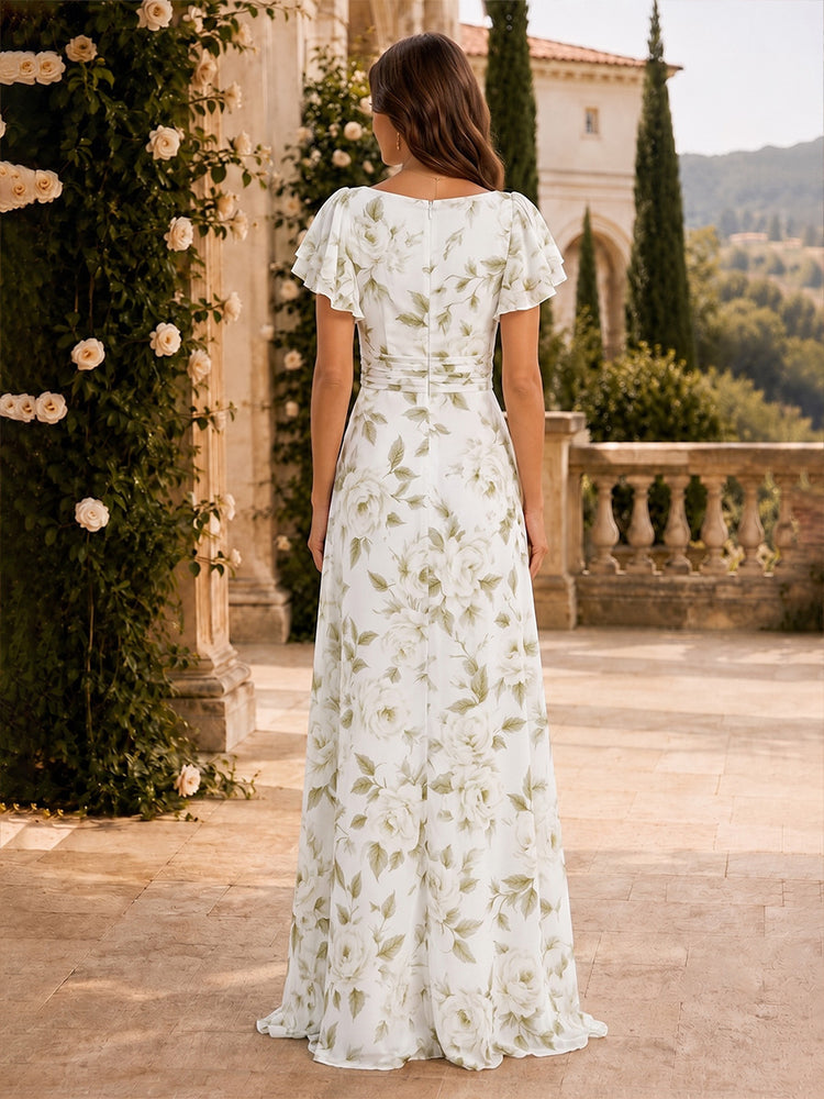 Chiffon Floral Mermaid V Neck Long Bridesmaid Dresses with Pleated