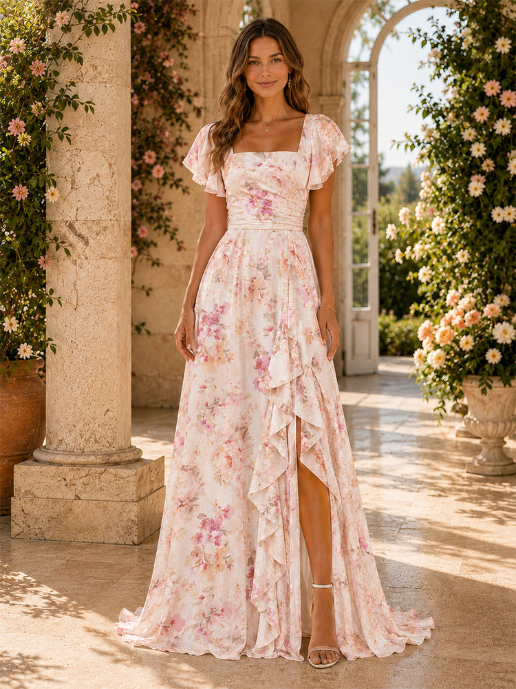 Chiffon Floral A-Line Square Neck Long Bridesmaid Dresses with Ruffles