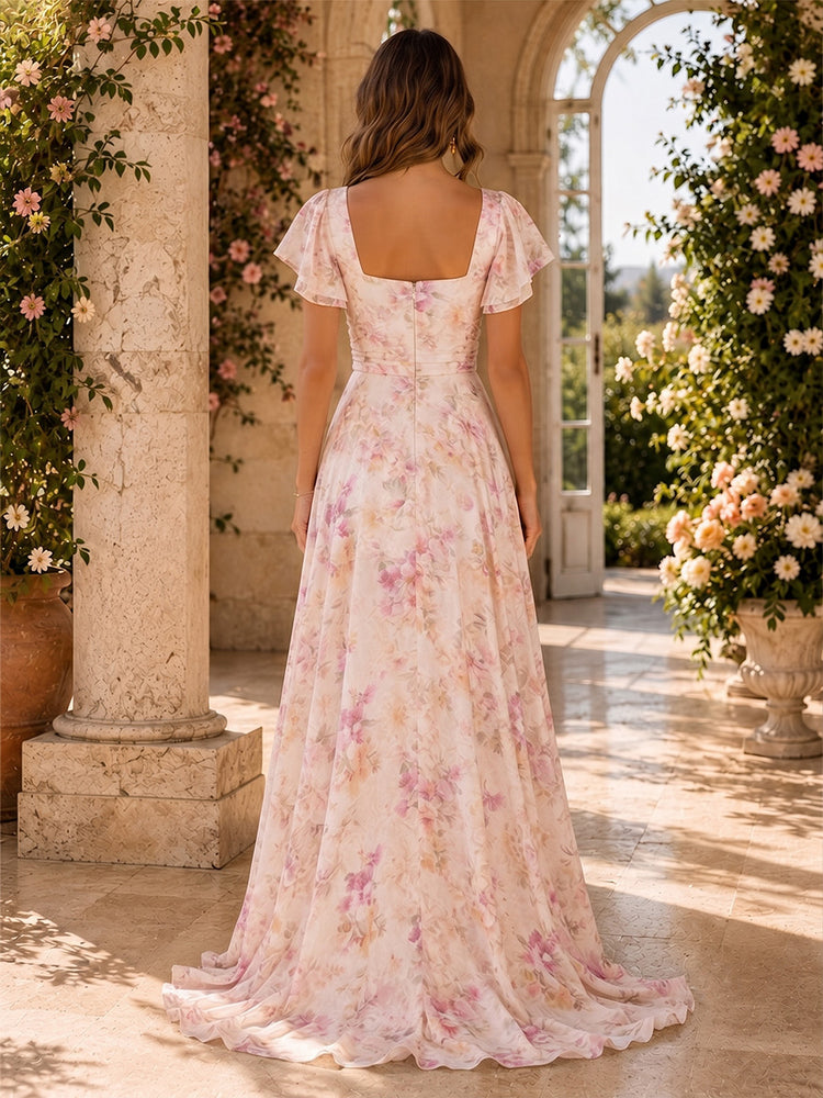 Chiffon Floral A-Line Square Neck Long Bridesmaid Dresses with Ruffles
