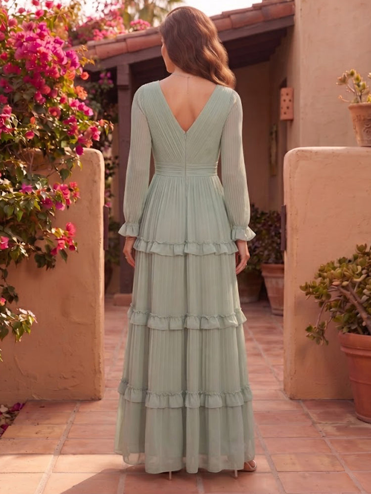Chiffon A-Line V Neck Long Bridesmaid Dresses with Tiered
