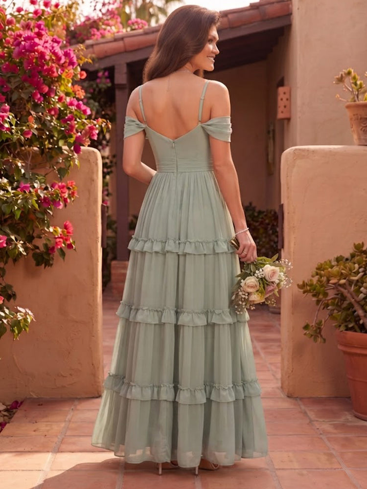 Chiffon A-Line Off the Shoulder Long Bridesmaid Dresses with Tiered