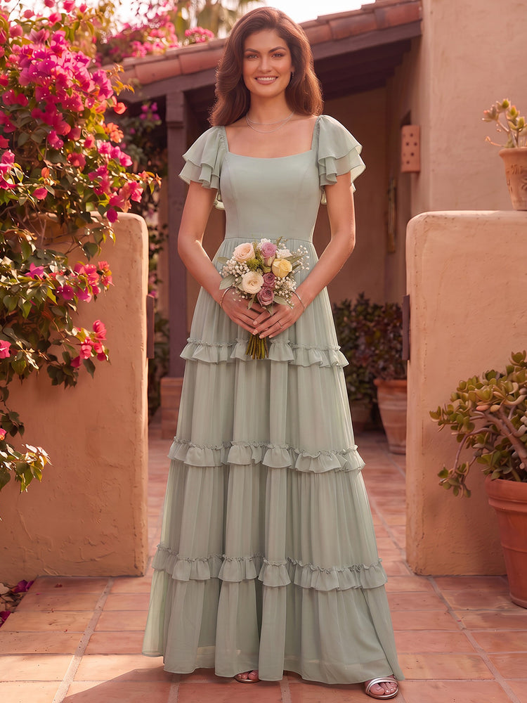 Chiffon A-Line Square Neck Long Bridesmaid Dresses with Tiered
