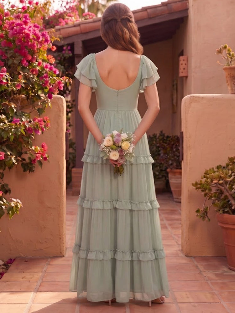 Chiffon A-Line Square Neck Long Bridesmaid Dresses with Tiered