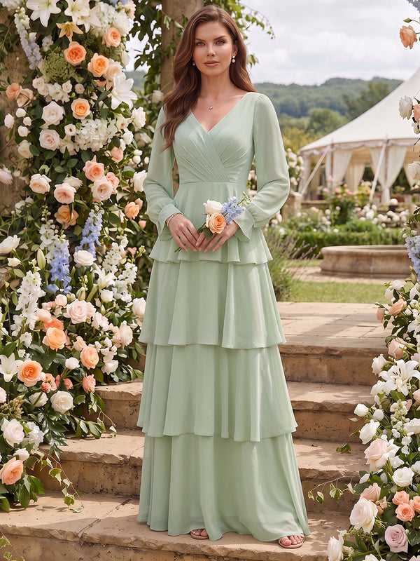 Chiffon A-Line V Neck Long Bridesmaid Dresses with Tiered