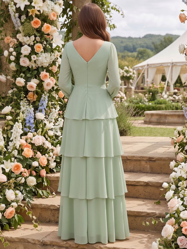 Chiffon A-Line V Neck Long Bridesmaid Dresses with Tiered