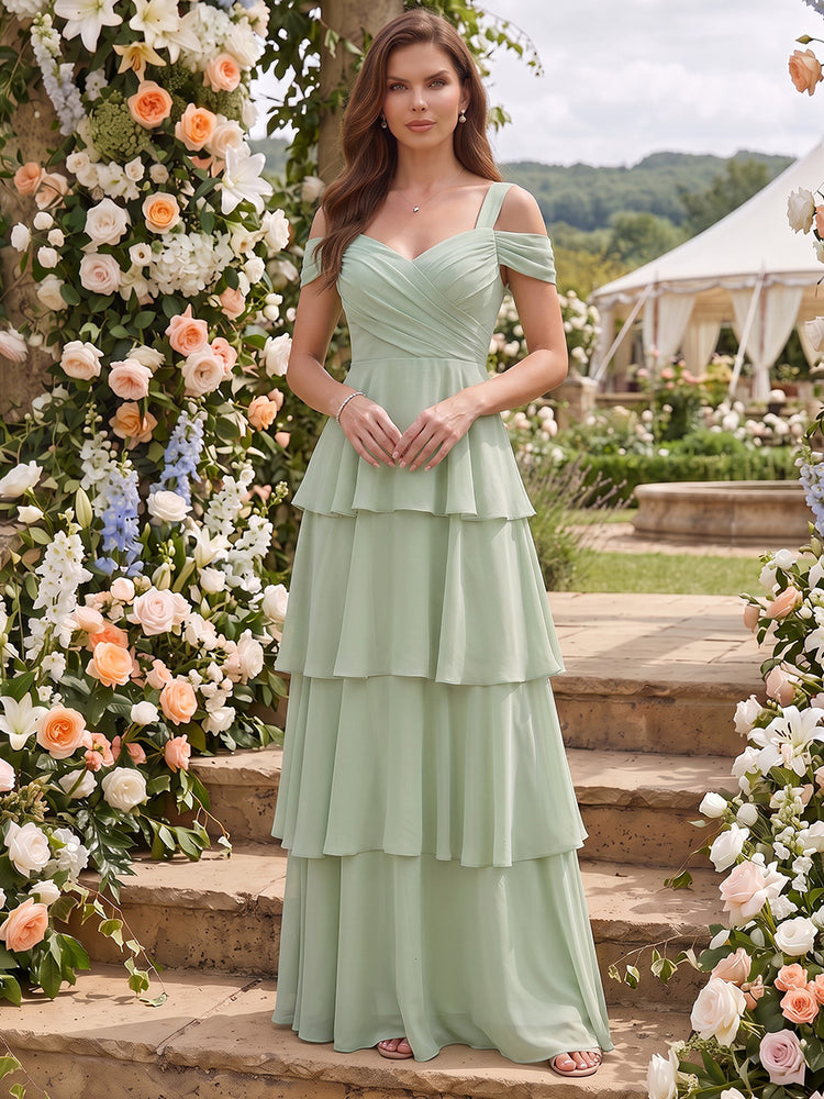 Chiffon A-Line Off the Shoulder Long Bridesmaid Dresses with Tiered