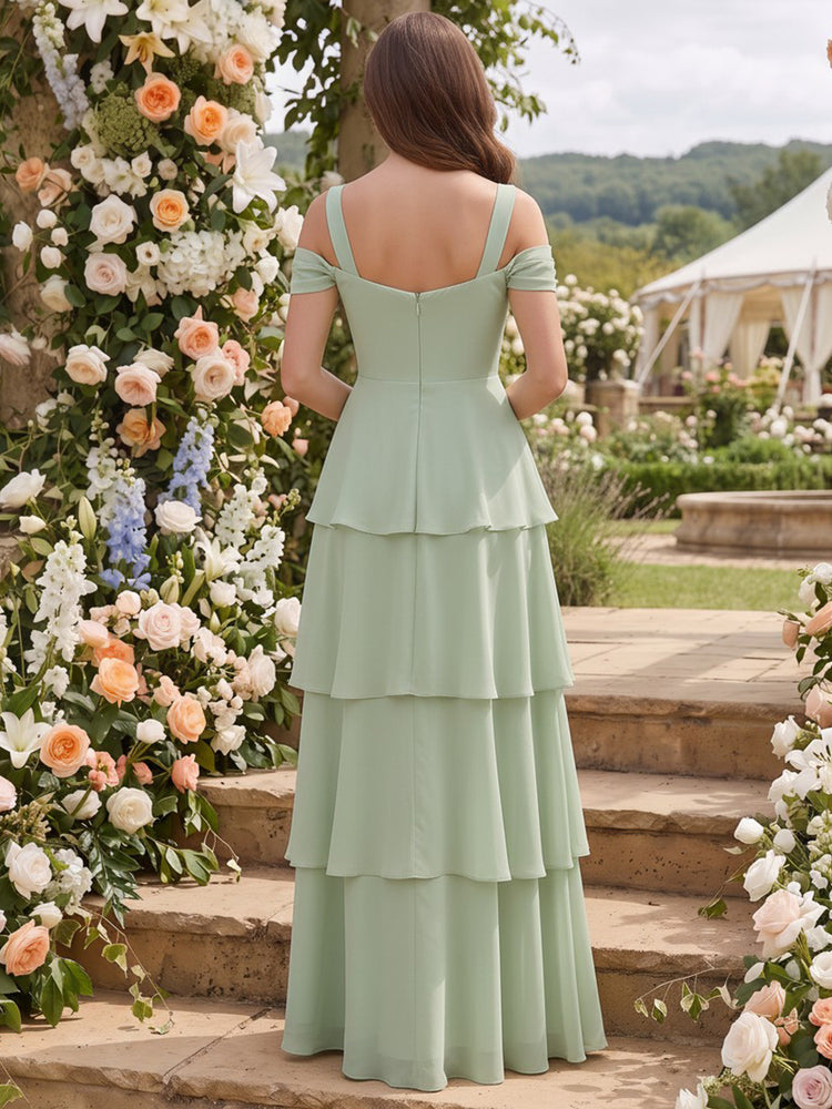 Chiffon A-Line Off the Shoulder Long Bridesmaid Dresses with Tiered