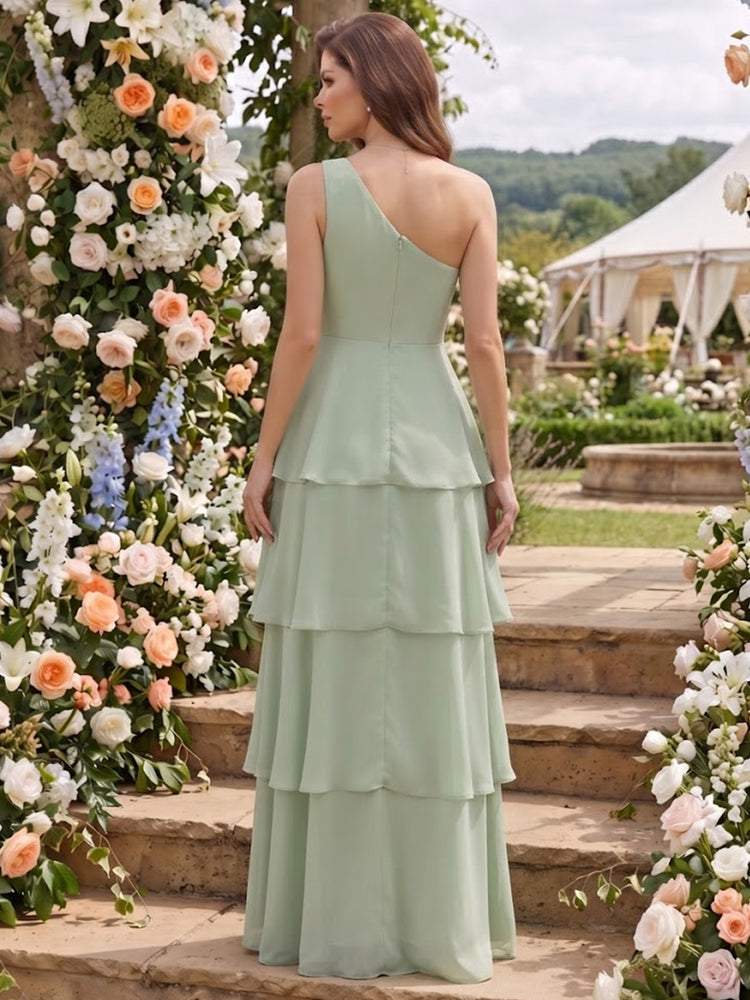 Chiffon A-Line One Shoulder Long Bridesmaid Dresses with Tiered