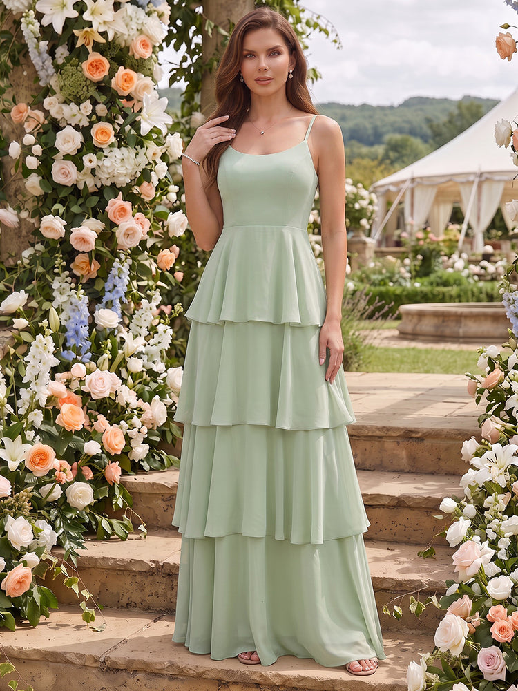 Chiffon A-Line Spaghetti Straps Long Bridesmaid Dresses with Tiered