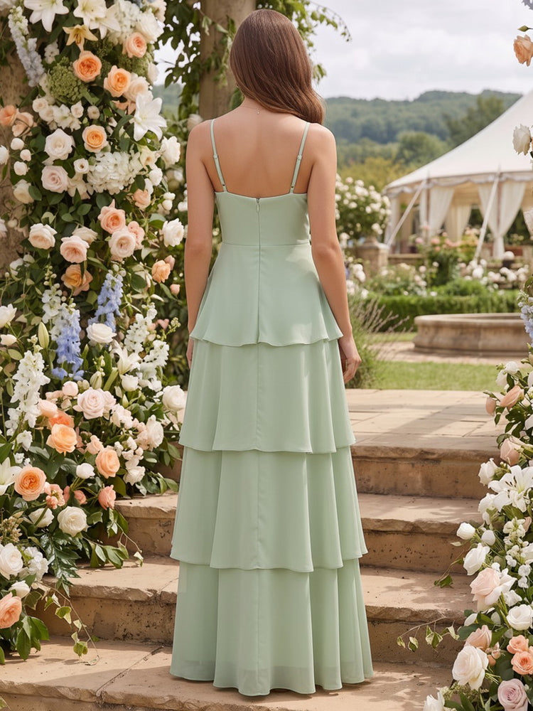 Chiffon A-Line Spaghetti Straps Long Bridesmaid Dresses with Tiered